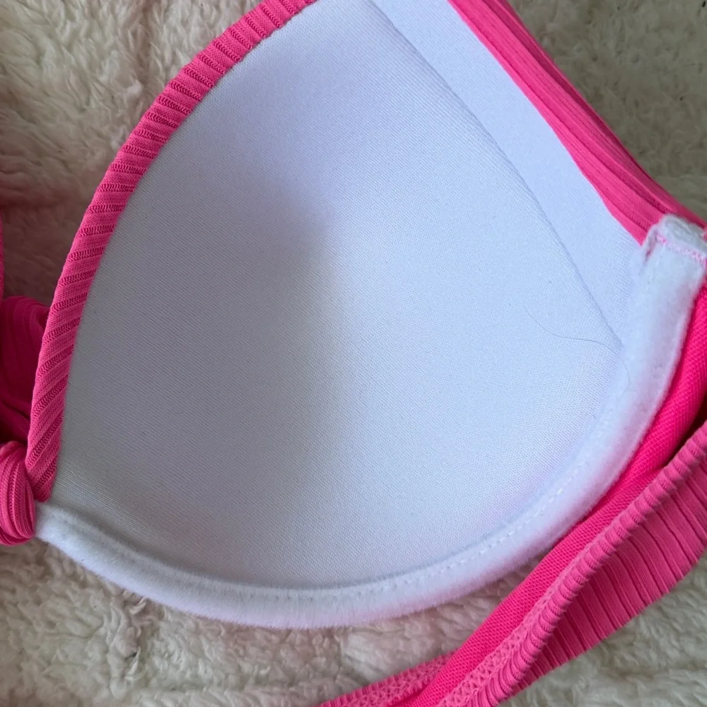Neon Pink Ribbed Bikini Set High Waisted Two Piece Swimsuit Size M